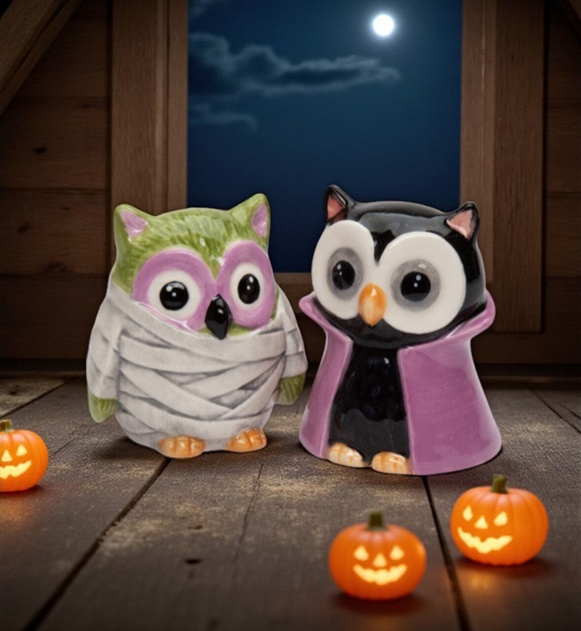 Ceramic Owl Dracula And Mummy Salt And Pepper Shakers, Home Décor, Gift for Her, Gift for Mom, Kitchen Décor, Fall Décor, Halloween Décor